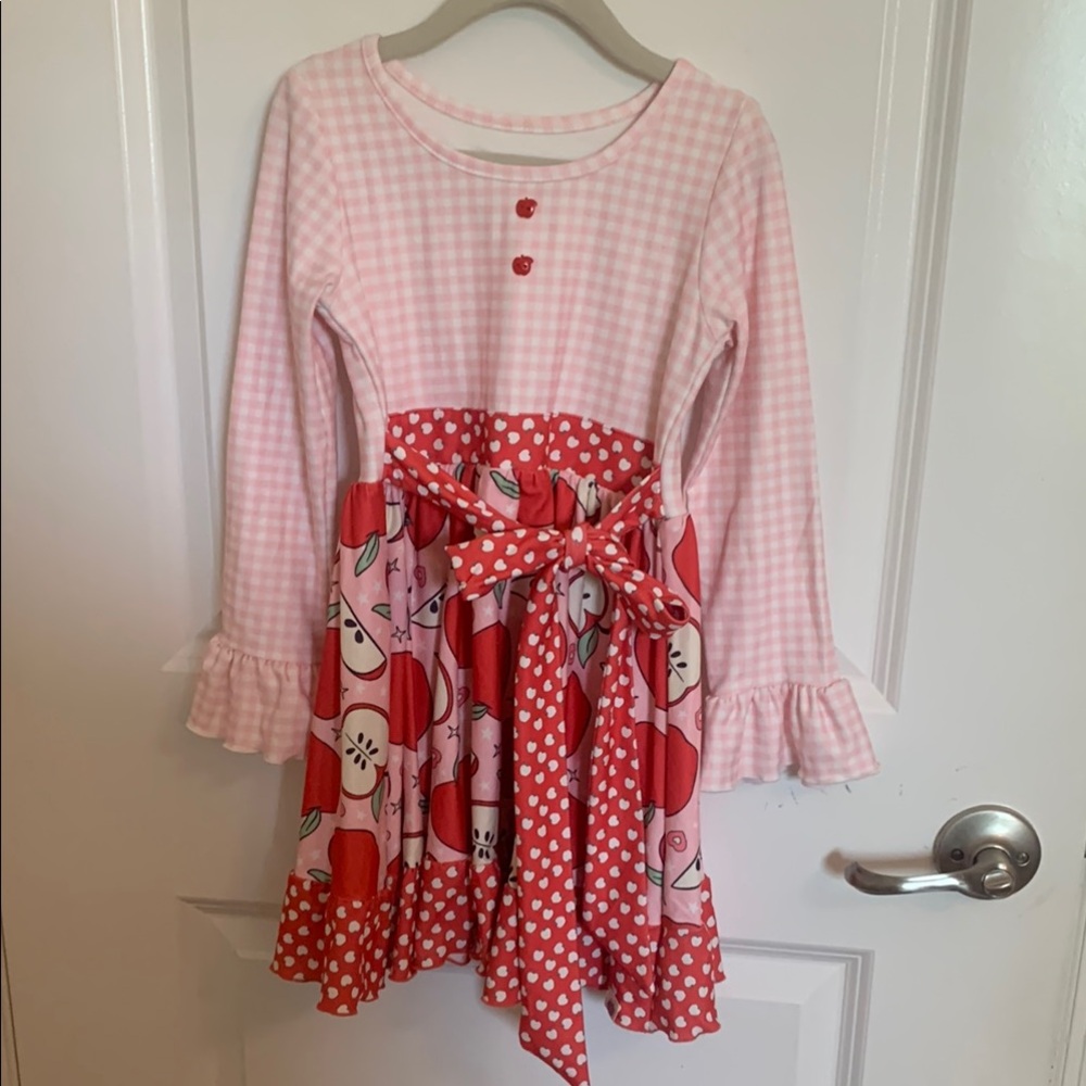 Cheeky Plum Pink Gingham Dress with Red Apple Accent